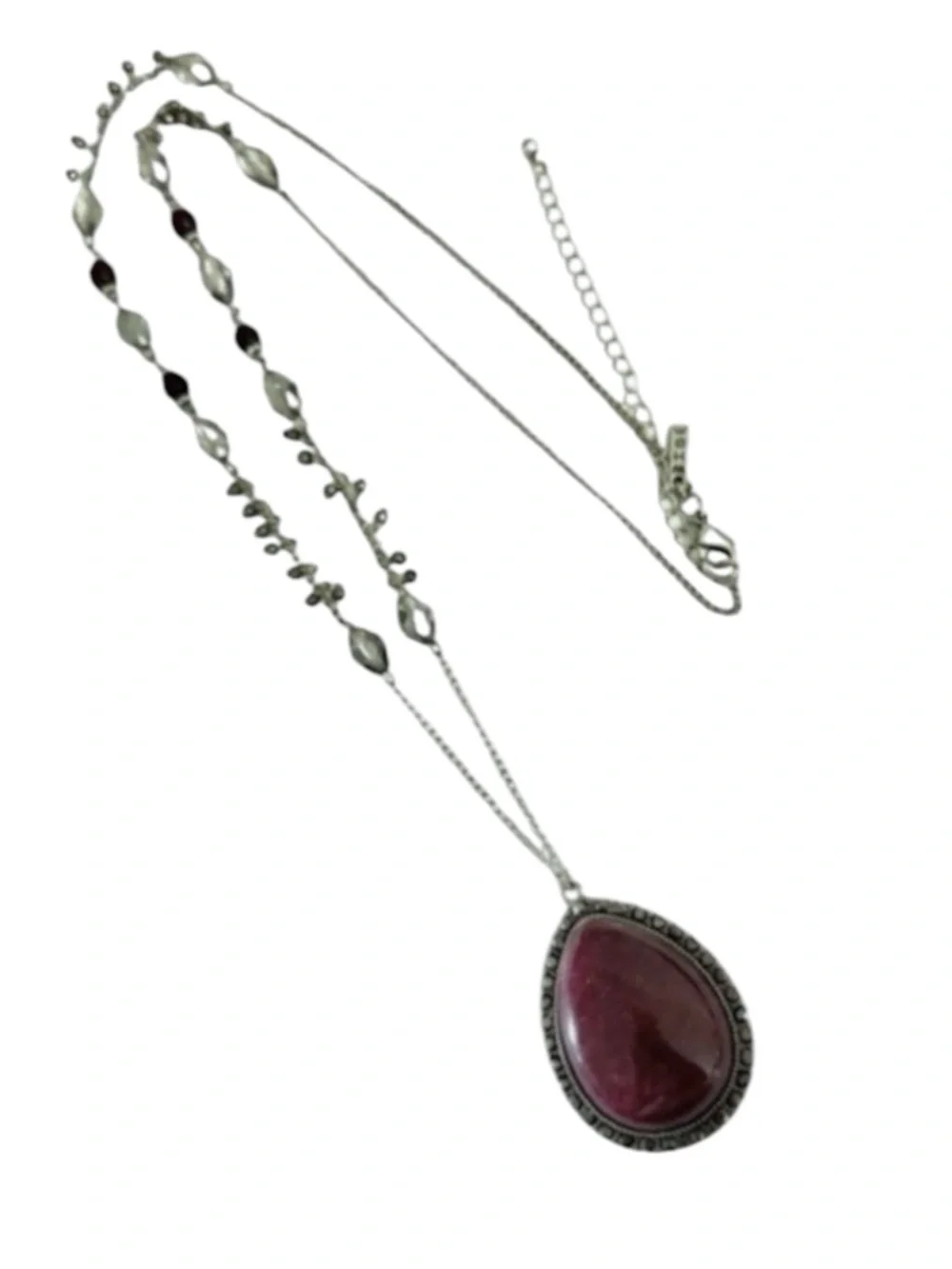 WHBM Multi Crystal Chain Necklace Oval Stone Pendant Burgundy Red Silver